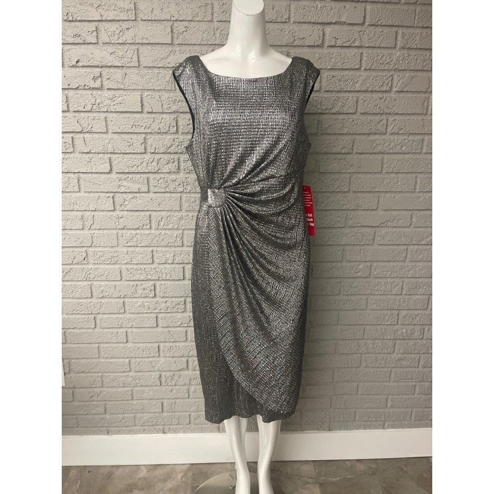 Connected Apparel Lisa Silver Shimmer Sleeveless Faux Wrap Side Ruched Dress 14